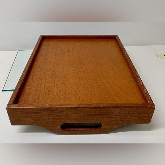 Mid Century Vintage Handled Glass Surface Dovetail Jointed Hardwood Tray - Picture 10 of 16